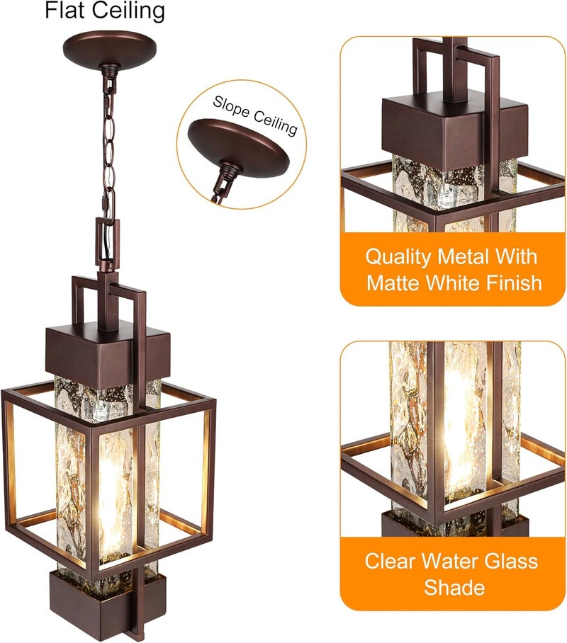 PARTPHONER 15" Outdoor Indoor Pendant Light Exterior Hanging Lantern, Modern Metal Outside Chandelier Light Fixture Ceiling Mount with Water Glass for Front Porch Entrance Foyer Entryway, Oil Rubbed Bronze - Image 2